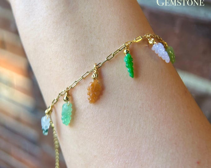 Natura Jadeite Grapes & 18k Gold Plated Brass Handmade Bracelet/Anklet - Untreated Burmese Type A Highly Translucent Multicolor Jade