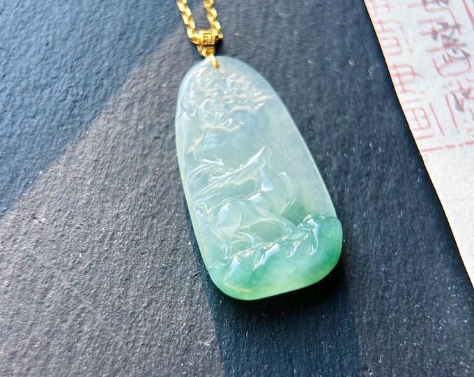 Jadeite Jade Pendant Jewelry Natural Burmese Untreated Type A Highly Translucent Icy Green Jade HandCarved Deer & Flower 18k Solid Gold Bail