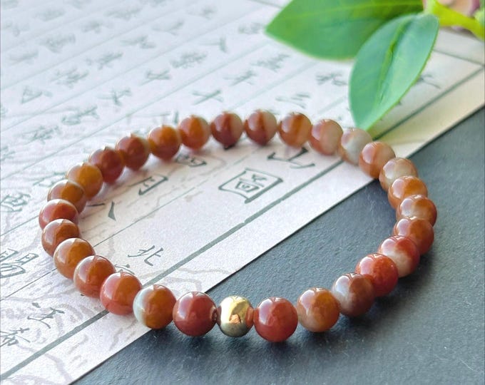 Certified Natural Jadeite Beaded Bracelet – Burmese Type A Unheated Rare Icy Two-Tone-Red Jade, 6.7mm, Minimalist Jewelry