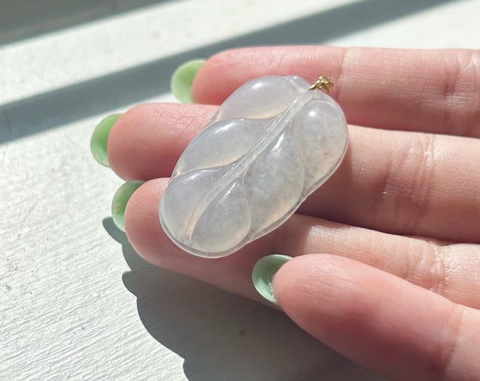 Jadeite Jade Pendant Jewelry 18k Gold Gift for Her Untreated Type A Burmese Icy White Translucent Handcarved Leaf Jade Amulet Made in Canada
