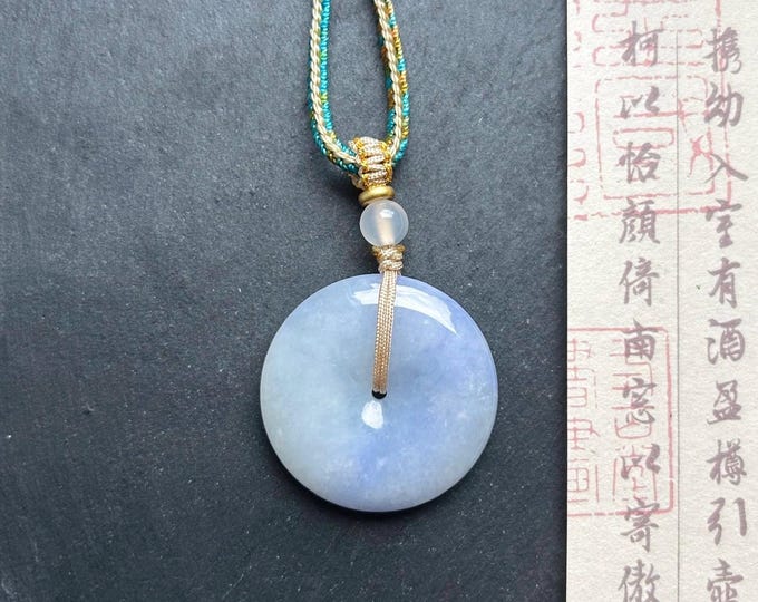 Natural Jadeite Jade Lucky Donut Pendant Handwoven Necklace Burmese Type A Icy Lavender Purple Jade PingAnKou 30.6mm