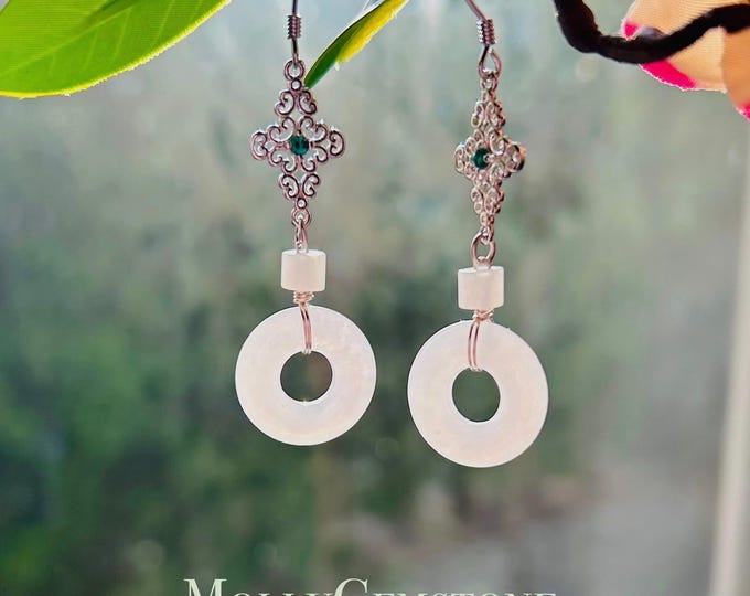 Jadeite Lucky Donut Earrings Jewelry Gift for Her Natural Burmese Type A Icy Translucent Gelatinous Icy White Jade & 925 Sterling Silver
