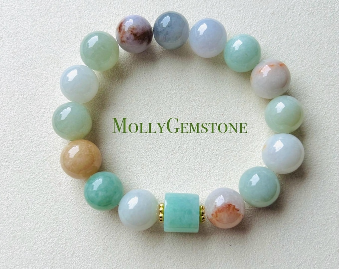 Jadeite Beaded Bracelet 11.5mm Big Beads Jewelry Authentic Burmese Type A Icy Jadeite Rare Multicolor FeiCui Gift