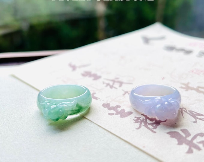 Natural Jadeite Jade Ring Band Handcarved Lotus Flower Ring Jewelry Gift Icy Translucent Type A Icy Lavender Purple or Green Floral Jade