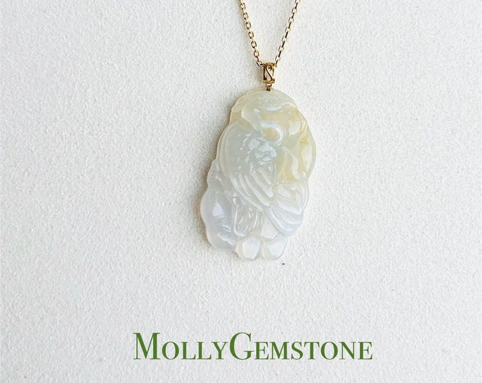 Jadeite Jade Pendant Jewelry Authentic Burmese Untreated Type A Highly Translucent Icy Yellow Crane Pendant 18k Solid Gold Bail Gift for Her
