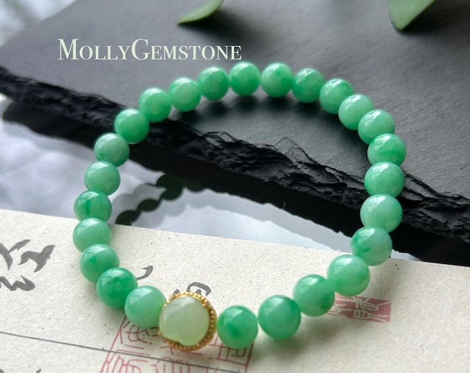 Natural Jadeite Beaded Bracelet Jewelry Burmese Type A Icy Translucent Vivid Apple Green Jade 7mm