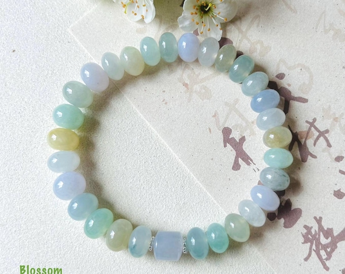 Jadeite Jade Beaded Bracelet Jewelry Gift for Her Natural Burmese Type A Icy Highly Translucent Jadeite Multi-color Spring Color 9mm Jade