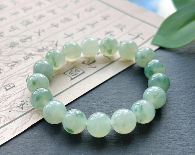 Natural Jadeite Beaded Bracelet, Burmese Type A Fine Highly Translucent Icy Floating Green Jade, 11mm
