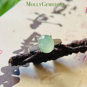 Anillo de jadeíta, joyería de jade, regalo para el Día de la Madre, jadeíta natural birmana tipo A, altamente translúcida, verde dulce helado, anillo ajustable de plata esterlina