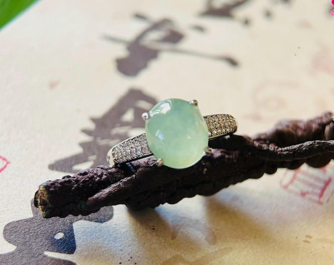 Jadeite Jade Ring Jewelry Mothers Day Gift Natural Burmese Type A Highly Translucent Icy Sweet Green Jadeite Adjustable Sterling Silver Ring