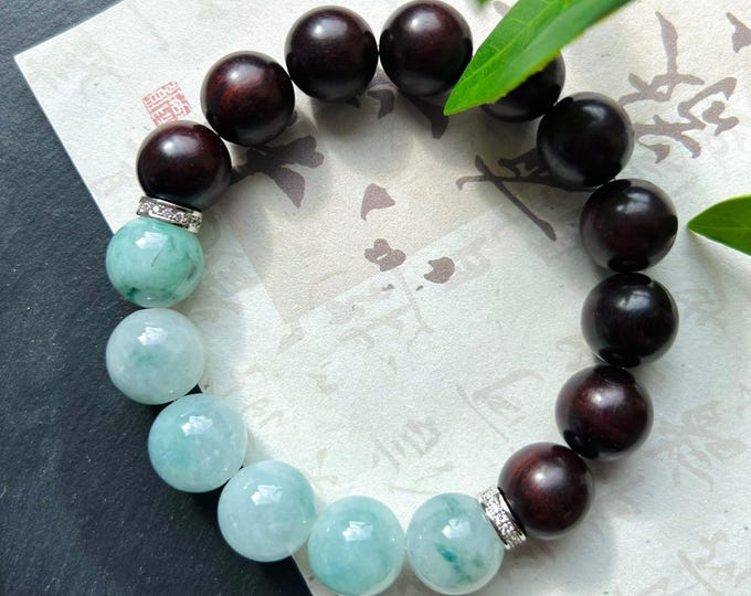 Jadeite & Red Sandalwood Beaded Bracelet Jewelry Natural Burmese Type A Icy Translucent Blue Floral Jade