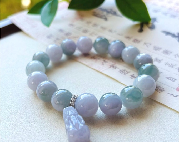 Jadeite Jade Beaded Bracelet Jewelry Gift for Her  Natural Burmese Type A Icy Translucent RARE Lavender Purple & Blue 11.5mm PiXiu Charm