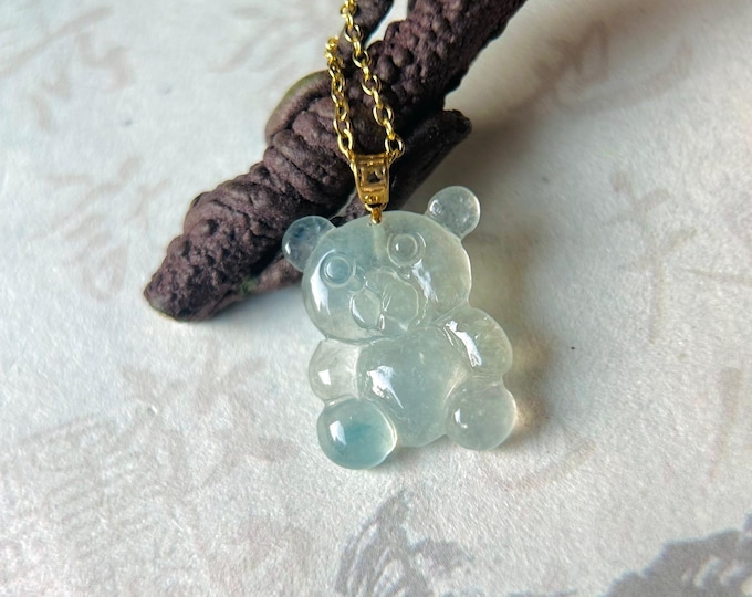 Icy White Jadeite Bear Pendant: 18k Gold Bail, Natural Type A Highly Translucent Burmese Jade