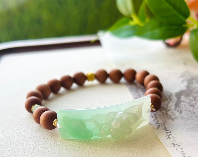 Jadeite Jade Plaque Bracelet Handcarved Flower RuYi Jade & Sandlewood Jewelry Gift for Her Natural Burmese Type A Icy Translucent Green Jade