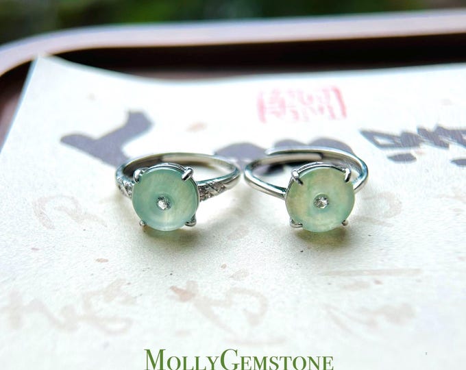 Natural Jadeite Jade Lucky Donut Ring Jewelry Burmese Type A Highly Translucent Icy Blue Peace Buckle Adjustable Silver Ring Mother Day Gift