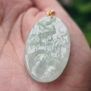 Jadeite Pendant Jewelry Landscape Carving Gift for Her Untreated Type A Burmese Sweet Green Feng-Shui Lucky Jade Amulet 18k Solid Gold Bail