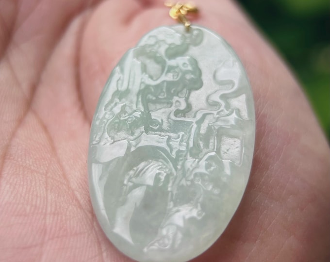 Jadeite Pendant Jewelry 18k Gold Landscape Carving Gift for Her Untreated Type A Burmese Sweet Green Feng-Shui Lucky Jade Amulet