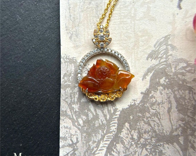 Natural Red Jadeite Lotus Flower Sterling Silver Pendant Necklace Burmese Type A Icy Highly Translucent Jade Unheated