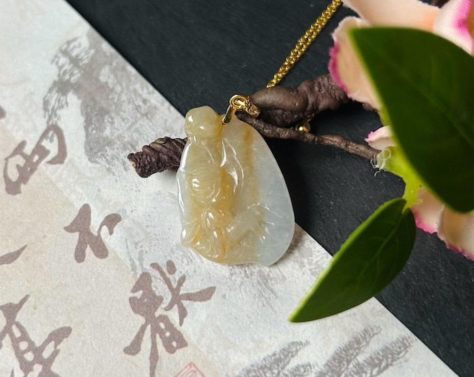 Jadeite Jade Cute Fairy Pendant Necklace Jewelry Gift for Her Natural Burmese Type A Icy Highly Translucent Yellow Jadeite & Sterling Silver