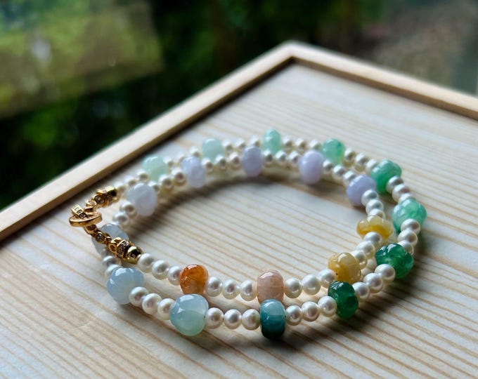 Fresh Water Pearl Beaded Jadeite  Stacked Bracelet Jewelry Untreated Burmese Type A Jade Highly Translucent Rainbow Color 8mm FeiCui Gift