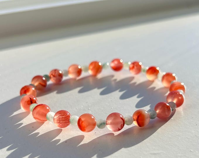 Natural Nanhong Agate & Burmese Jadeite Beaded Bracelet Type A Icy Translucent Blue Floral Jade 3.5mm, Red Agate 6.5mm