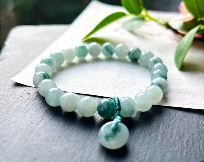 Jadeite Beaded Bracelet Jewelry - Natural Burmese Type A Icy Highly Translucent Blue Green Floral Jade 8mm with Lucky Donut Charm