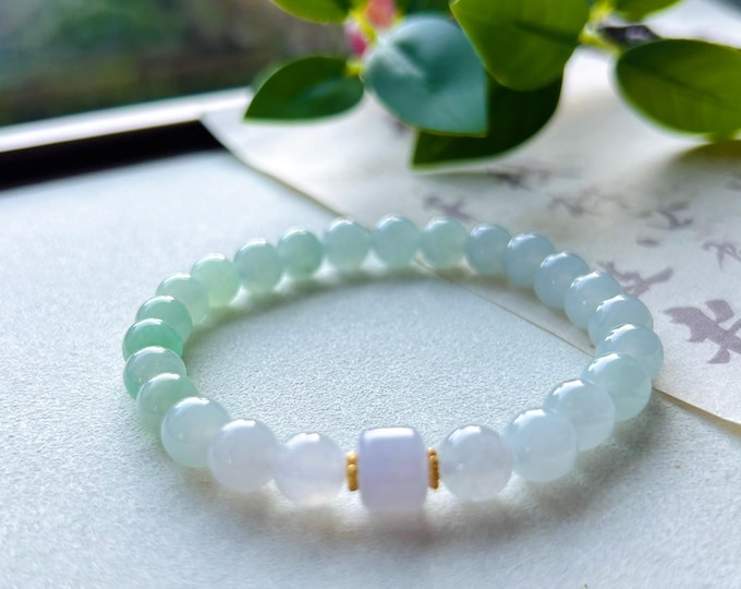 Jadeite Jade Beaded Bracelet Jewelry Gift for Her Natural Burma Type A Icy Highly Translucent Lavender Purple Icy Green Gradient Color 7.4mm