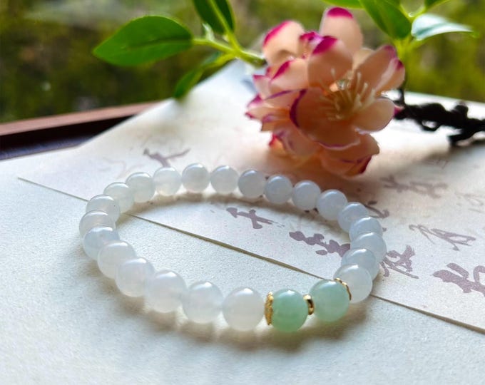 Jadeite Jade Beaded Bracelet Jewelry Mother’s Day Gift Natural Burmese Untreated Type A Icy White Green Highly Translucent 8mm FeiCui