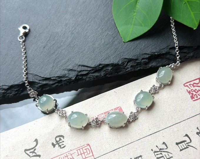 Natural Jadeite Cabochon Bracelet, Burmese Type A Icy Translucent Grayish Soft Blue/Green Jade in 925 Sterling Silver
