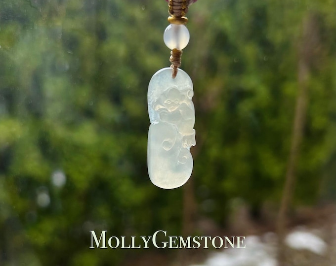Jadeite Jade Pendant Jewelry Gift Burmese Untreated Type A Highly Translucent Icy White Jadeite Cute Monkey RuYi Pendant Hand-woven Necklace