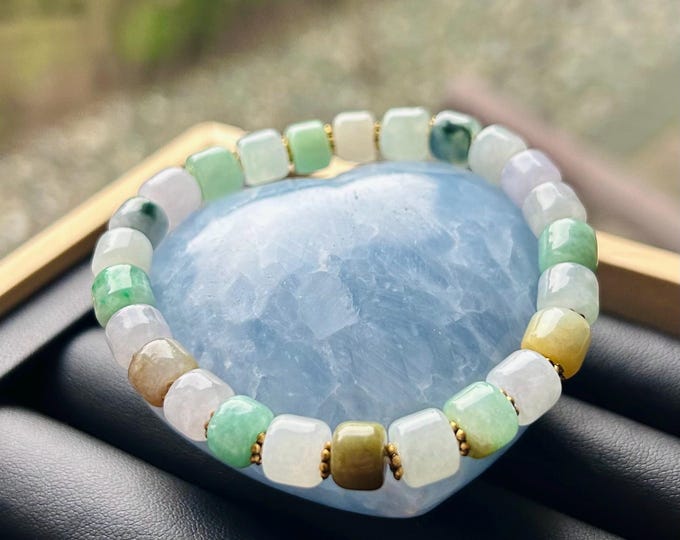 Jadeite Jade Bracelet Jewelry Gift for Her 100% Genuine Burmese Icy Translucent Type A 8mm Multi-Color Barrel Bead FeiCui Handmade in Canada