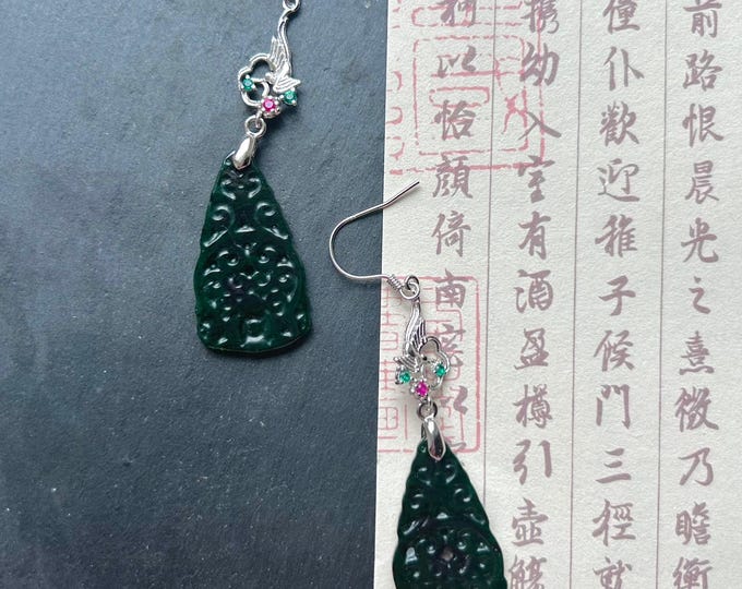 Jadeite Jade & Silver Earrings Handcrafted Jewelry Gift for Her Natural Burmese Type A Icy Translucent Gelatinous Icy Dark Green Jade