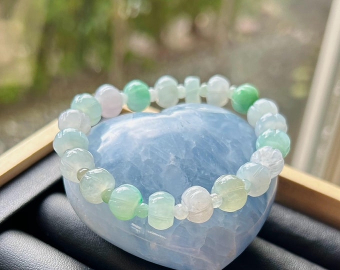 Jadeite Jade Beaded Bracelet Jewelry Gift for Her Genuine Burmese Type A Icy Highly Translucent Multi-Color Pumpkin Beaded Jadeite 9mm
