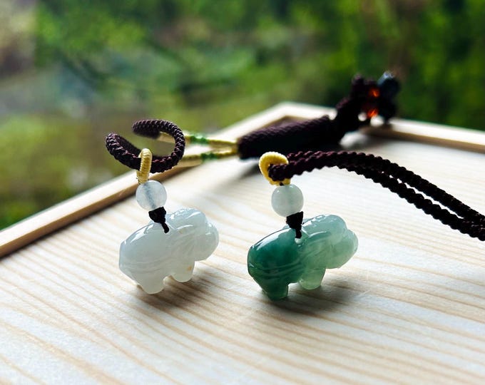 Jadeite Jade Cute Elephant Pendant Handwoven Necklace Jewelry Gift for Her Burmese Untreated Type A Translucent Icy Green & White Jadeite