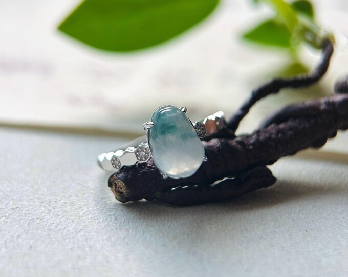 Jadeite Jade PiXiu Ring Jewelry Gift for Her  Natural Burmese Untreated Type A Highly Translucent Icy Blue Floral Adjustable 925 Silver Ring