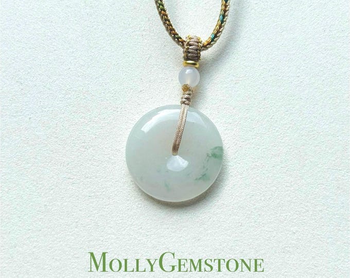 Jadeite Jade Lucky Donut Pendant Handwowen Necklace Jewelry Gift for Her Natural Burmese Untreated Type A Icy Gelatinous White Green Floral
