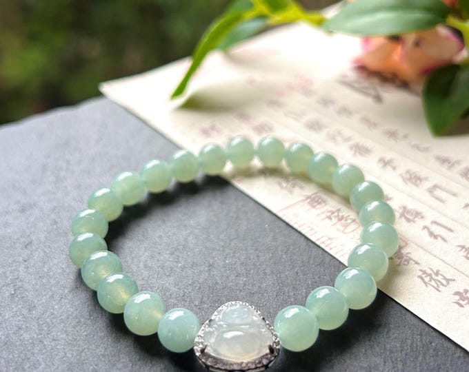 Natural Jadeite Beaded Bracelet with Jadeite Laughing Buddha Focal Charm Burmese Type A Highly Translucent Icy Blue Green 7.5mm Jade