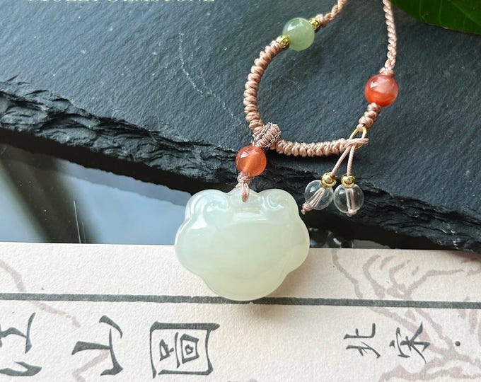 Natural Nephrite Jade RuYi Lock Pendant Handwoven Necklace| Protection Amulet | Nanhong & Clear Quartz | Lucky Jade Charm