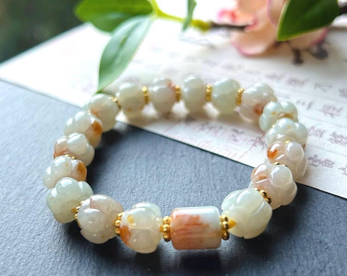 Natural Jadeite Lotus Beaded Bracelet Burmese Type A Highly Translucent Icy Red Floral 10mm Jade