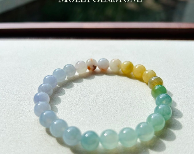 Jadeite Jade Beaded Bracelet Jewelry Mothers Day Gift Natural Burmese Type A Icy Highly Translucent Jadeite MultiColor Rainbow Feicui 7mm