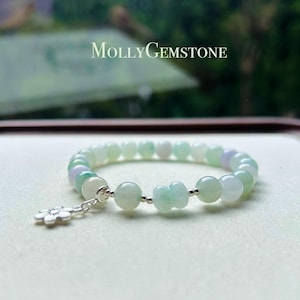 Pulseira de contas de jade jadeíte, joia artesanal, presente para ela, autêntica birmanesa, grau A, gelo translúcido, lavanda, roxo, verde e azul, 7,3 mm