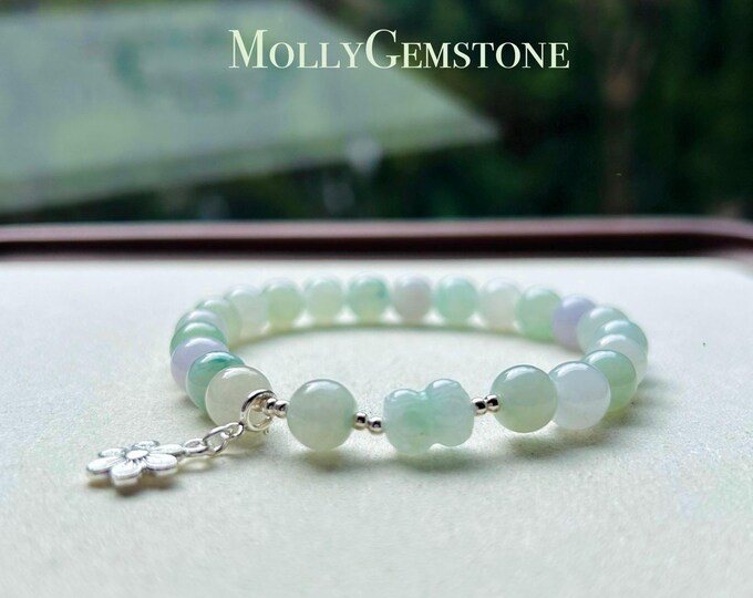 Jadeite Jade Beaded Bracelet Handmade Jewelry Gift for Her Authentic Burmese Grade A Icy Translucent Lavender Purple, Green & Blue 7.3mm