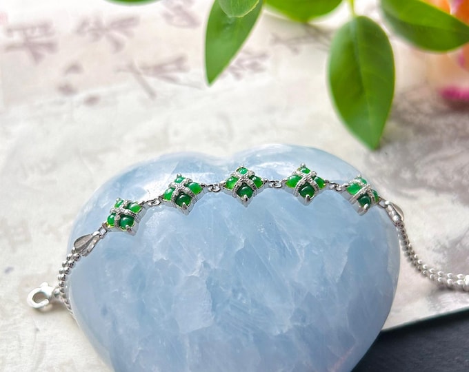 Certified Natural Jadeite & Sterling Silver Bracelet Minimalist Jewelry Type A Icy Highly Translucent Burmese Sunny Green Jade