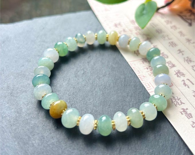 Jadeite Jade Beaded Bracelet Jewelry Gift for Her Natural Burmese Type A Icy High Translucency Jadeite Multi-color 8.3mm Drum Bead Handmade