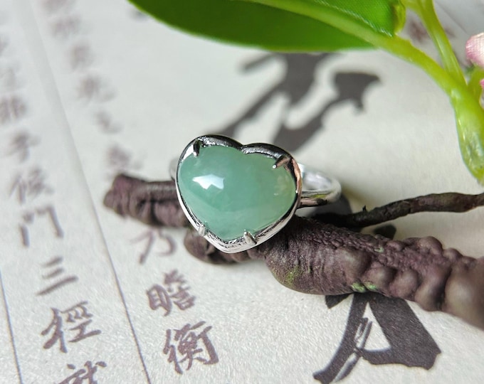 Natural Jadeite & Sterling Silver Adjustable Ring Band Burmese Type A Translucent Icy Clear-Water Green Heart Jade