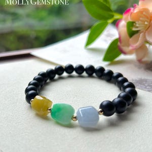Jadeite Jade & Wood Beaded Bracelet Jewelry Gift for Her Natural Burmese Type A Icy Translucent Yellow Green and Purple Ice Cube Jade