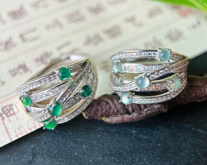 Natural Jadeite & Sterling Silver Adjustable Ring Band Authentic Type A Translucent Icy Green or Blue Jade