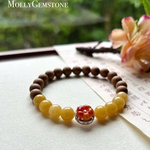 Jadeite Jade & Sandlewood Beaded Bracelet Jewelry Gift for Her Natural Burmese Type A Icy Translucent Yellow and Red Jade 7.8mm FeiCui