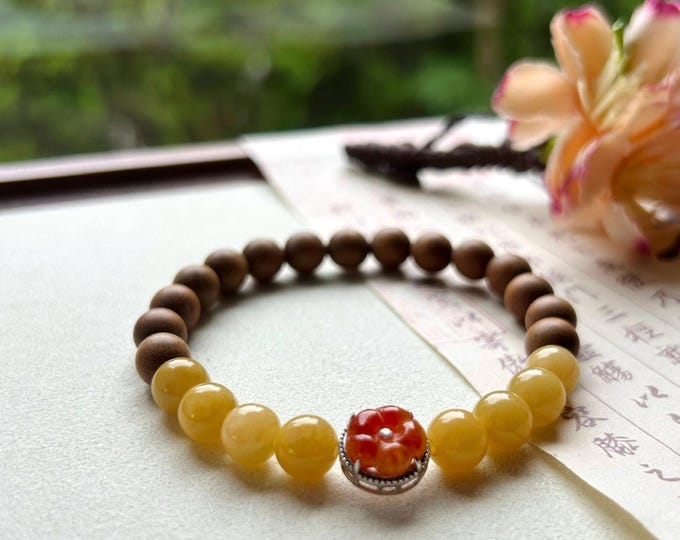 Jadeite Jade & Sandlewood Beaded Bracelet Jewelry Gift for Her Natural Burmese Type A Icy Translucent Yellow and Red Jade 7.8mm FeiCui