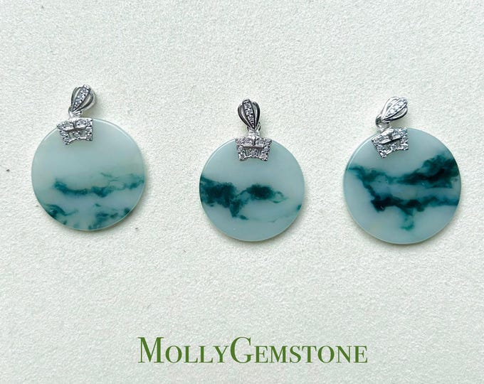 Jadeite Jade Pendant Sterling Silver Necklace Jewelry Gift for Her Burmese Untreated Type A Translucent Icy Blue Floral Jadeite Peace Plaque